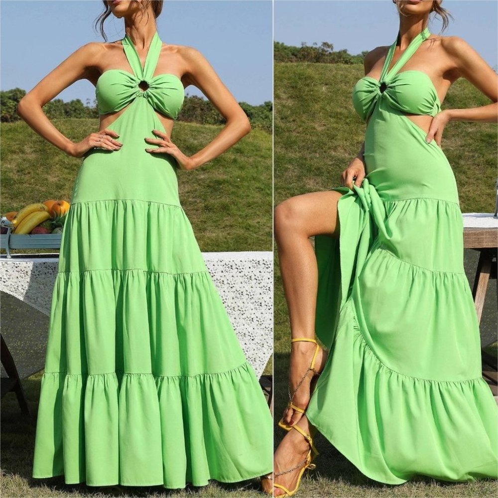 Green Ruffle Hem Tie Backless Maxi Halter Dress - Picture 2 of 9